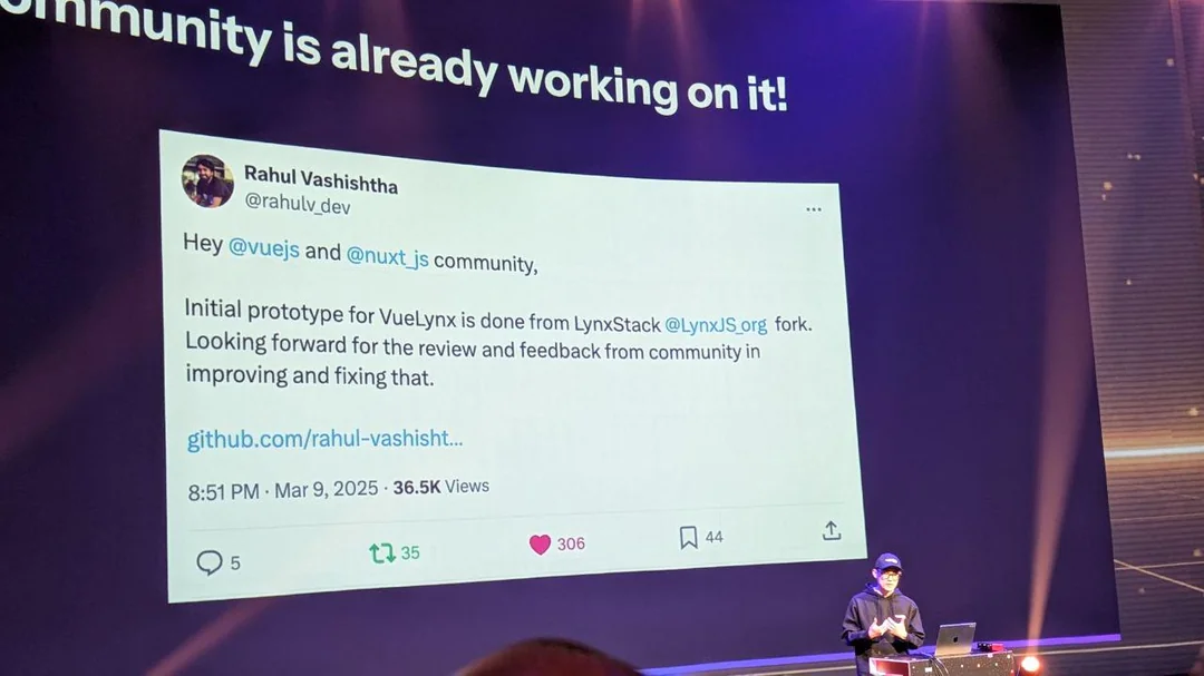 State of Vue 2025 slide showing Rahul Vashishtha’s VueLynx prototype